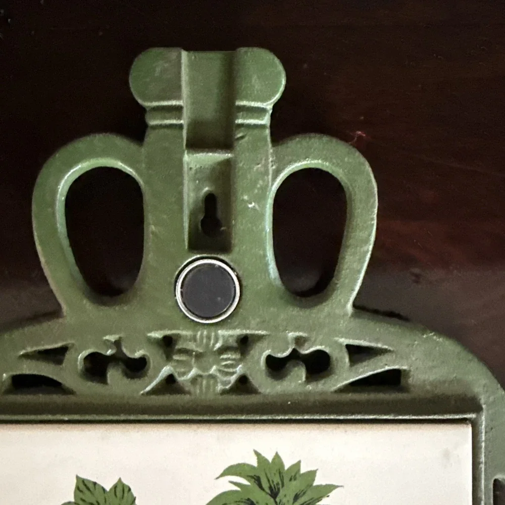 Vintage FM Japan Green Cast Iron & Tile Trivet w/Magnet Fruit Scene Used.